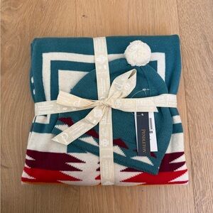 Pendleton Organic Cotton Knit Baby Blanket with Beanie in Harding Teal